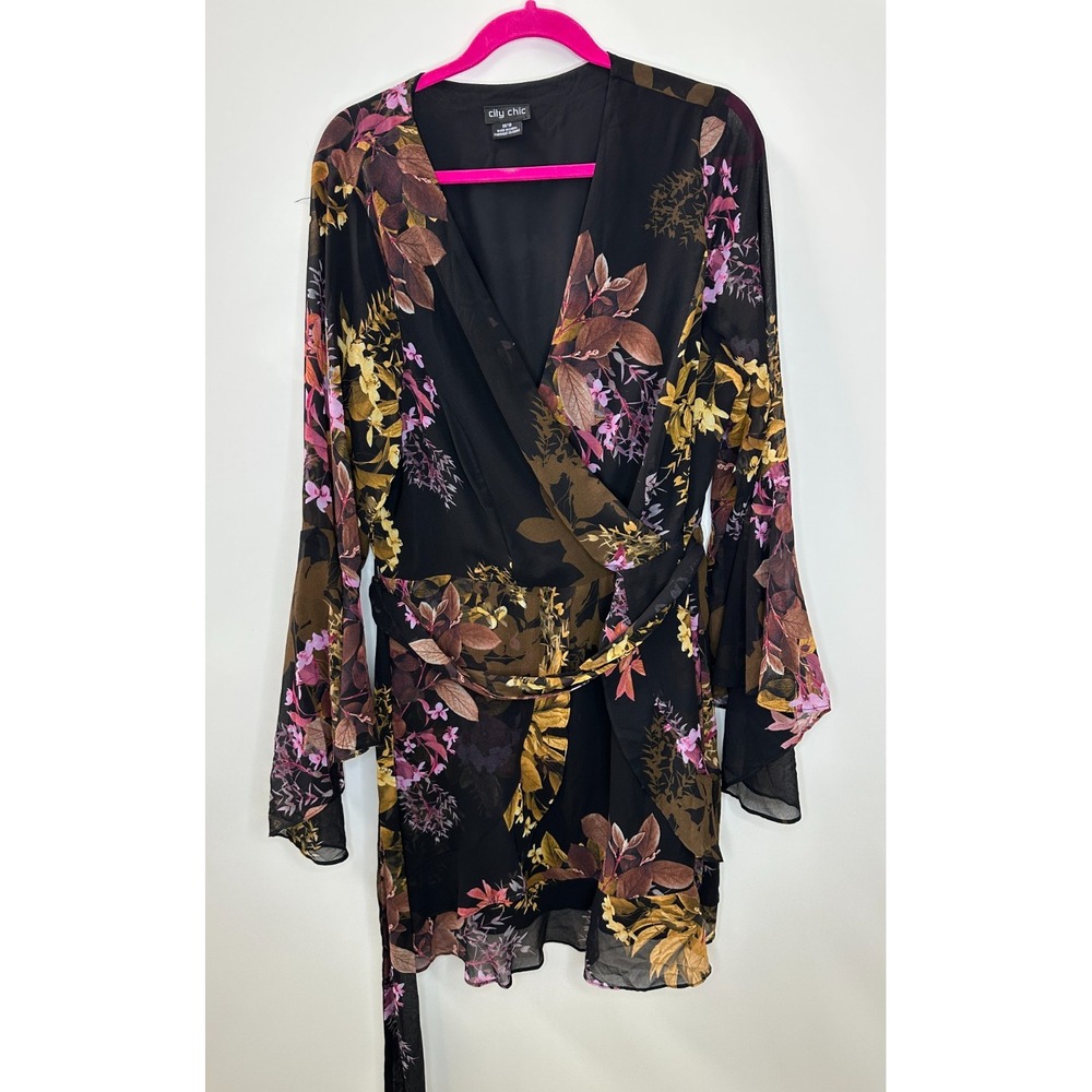 City Chic Malaga Floral Print LS Faux Wrap Dress Black Gold Plus Size 18 - Picture 12 of 12